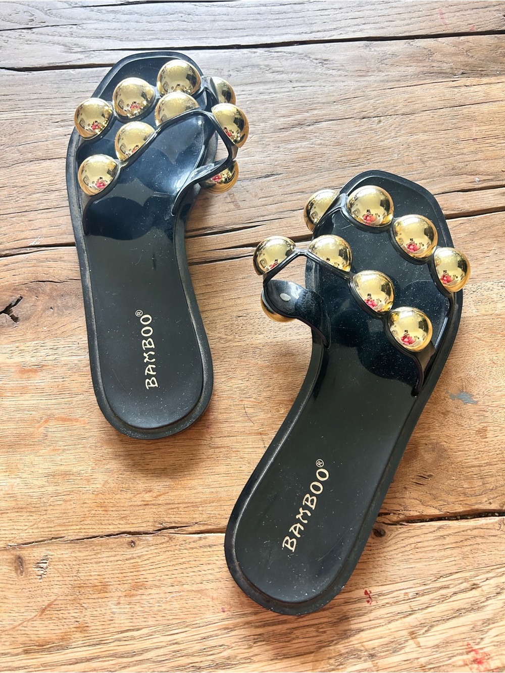 BAMBOO Black Jelly Sandals gold pearl bead details double strap 7